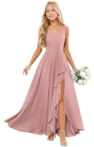 LECOYOYO Junior Brautjungfernkleider Teen Mädchen Lange Chiffon Blumenmädchen Kleider Rüschen Hochzeitskleid Dusty Rose 11