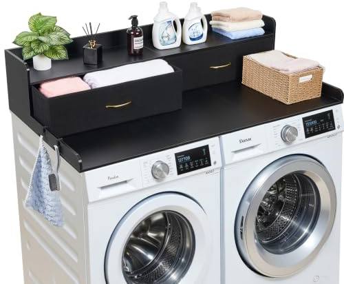 VEVOR Comptoir pour Lave Linge et Sèche Linge avec Étagère, Plan de Travail pour Machine à Laver 137x69,9 cm, pour Rangement Aménagement Buanderie, Plateau en Bois avec Tiroirs et Crochets, Noir