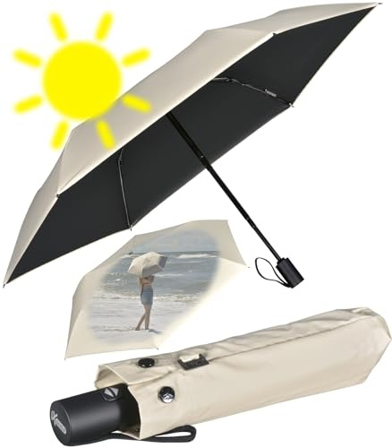 iX-brella Mini Sonnen-Regenschirm mit Auf-Zu-Automatik mit UV- und Hitzeschutz - Black Coating - beige