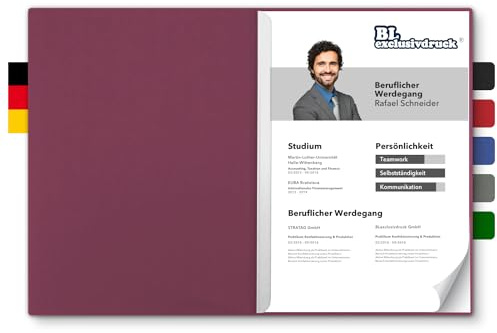5 Stück zweiteilige Bewerbungsmappen BL-exclusivdruck® BL in Granatrot - Premium-Qualität mit edler Relief-Prägung 'Bewerbung' - Produkt-Design von 'Mario Lemani'