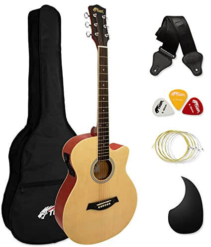 TIGER ACG4-NT Chitarra elettroacustica 4/4 misura intera per principianti con equalizzatore a 3 bande integrato - La confezione include custodia, tracolla e corde di ricambio - Naturale