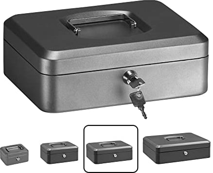ARREGUI Elegant C9236 Caisse à monnaie et billets à clé pour ranger et transporter l'argent | Caisse en acier monnayeur et compartiment pieces | Coffre fort portatif 25 cm de large | Gris graphite