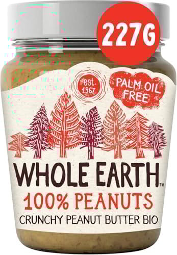 Whole Earth Organic Crunchy Peanut Butter, 6 x 227g Jars, 100% nuts, Unsalted, All Natural ingredients, No Added Sugar or Salt, Gluten Free, Vegetarian & Vegan, Multi Pack, Packaging may vary