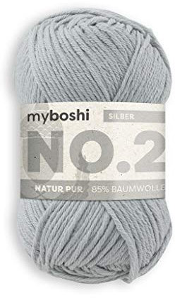 myboshi No.2 Baumwolle zum Häkeln, Baby Wolle, vegane Wolle zum Stricken, Wolle 60 Grad waschbar, für Baby und Amigurumi, 50g, Ll 100m Grau (Silber), 1 Knäuel