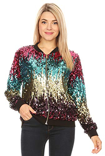 ANNA-KACI Damen Schwarz Silber Pailletten Dünne Rib Rop Langarm Reißverschluss Kurz Bomberjacke Fliegenjacke Bikerjacke Blazer Jacke, Gradient Farbe, L