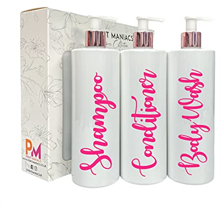 Print Maniacs White Mrs Hinch Inspired Personalised 500ml Bottles Bathroom Lotion Kitchen Shampoo Conditioner Rose Gold Pump (Set 3) (Pink)