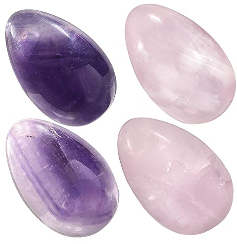 KYEYGWO 4 Stück Amethyst & Rosenquarz Heilung Kristall Ei Set, Polierte Oval Kugel Edelstein Natürliche Palm Taschenstein Figuren Ornament Haus Decor für Meditation Stressabbau Massagesteine