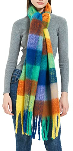 Aodafei Echarpe Femme Hiver Plaid,Grande écharpes Femmes Longues Chaude Écharpe Châle Plaid Multicolore,Orange Vert Arc-en-ciel,xxl