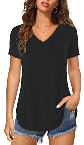 Florboom Womens Short Sleeve Tops Summer V Neck Shirts Soft T-Shirts, Black 16 18