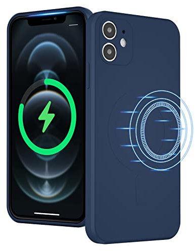UEEBAI Wireless Charging Case For iPhone 12 6.1 inch, Liquid Silicone Built-in Magnets Phone Case Compatible with MagSafe Faster Charging Slim Fit Soft Microfiber Cover - Dark Blue