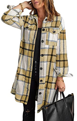 Tomwell Veste a Carreaux Femme Surchemise en Laine Femme Veste a Carreaux Chemise Décontracté Oversized Femme Blouse C Jaune S