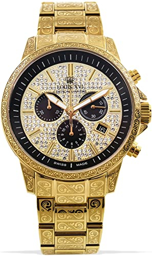 LOUIS XVI Palais Royale Iced 1087 - Ø 43 mm - Herren Uhr - Wasserdicht - Mit Saphirglas - Armband Gold - Zifferblatt CZ-Diamanten - CH Quarzwerk