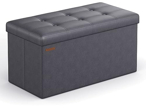SONGMICS 76 cm Sitzbank mit Stauraum, Sitztruhe, Aufbewahrungsbox, Fußhocker, faltbar, gepolstert, Bezug aus Kunstleder, bis 300 kg belastbar, dunkelgrau LSF040G01