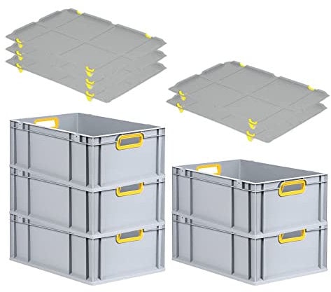 PROREGAL SuperSparSet 5x Eurobox NextGen Color mit Auflagedeckel & Schiebeschnappverschlüsse, HxBxT 22x40x60cm, 44L, Griffe gelb offen, Verstärkter Boden, Eurobehälter Transportbox Transportbehälter