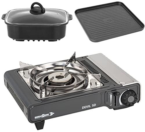 BRUNNER: Gas-Kochplatte Einflammig Outdoor Set - Mit Piezozündung 2,2 kW - Gasherd mit Grill-Koch-Funktion & Zündsicherung - DEVIL SD NG Für Ventilkartusche - Kompakt, Mobil & Im Koffer