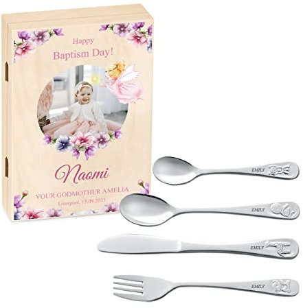 Maverton Kids Silverware in a Wooden Box – Personalised Animals Cutlery Set – Stainless Steel Engraved Utensil Set – for Girls - Magic