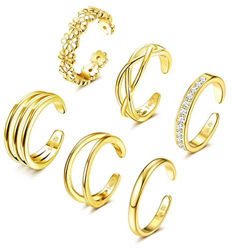 Adramata 6 Stück 14 Karat Gold Gefüllte Zehenringe für Damen Blumenherz Offene Zehenringe Daumenringe Verstellbare Ring Gold Zehenringe Set Sommer Strand Fußschmuck