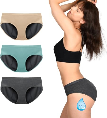 TIICHOO Periodenunterschwäsche Starke Blutung für Frauen & Mädchen Weiche Menstruationsunterwäsche 3er Pack (M, Dunkelgrau/Türkisgrün/Beige)