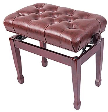 IBOWZ Klavierhocker Weicher Klavierhocker aus echtem Leder, verstellbare Musik-Klavierbank, mit massiver Hartholzkonstruktion, 55 x 34 x 47–57 cm, Mahagoni