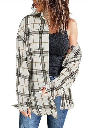 Wenrine Damen Karierte Bluse Langarm V-Ausschnitt Hemd Button Down Hemdjacke Flanell, Beige, L