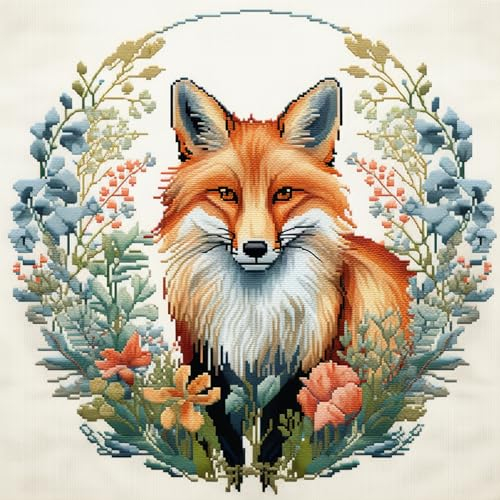 Cukol Fuchs Kreuzstich Set Vorgedruckt, Tiere Stickvorlagen Stickbilder Vorgedruckt Kreuzstich Stickpackungen Stickpackung Cross Stitch Embroidery Kit Stickset Sticken Set Erwachsene Anfänger 36x36 cm