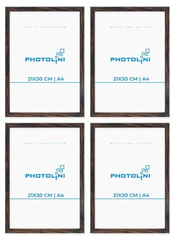 PHOTOLINI Bilderrahmen A4 Holz MDF Eiche Dunkel, 4er Set DIN A4 Bilderrahmen 21x30 cm, bruchsicheres Acrylglas, picture frame zum Aufhängen & Aufstellen, Rahmen mit Zubehör 30x21 für Fotos & Poster