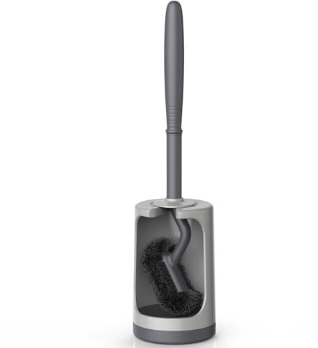 HAMITOR Toilet Bowl Brush Holder Set: Curved Design Toilet Cleaner with Holder for Deep Cleaning Under Rim - Compact Hidden Toilet Scrubber for Small Space - Modern RV Bathroom Accessories - Gray