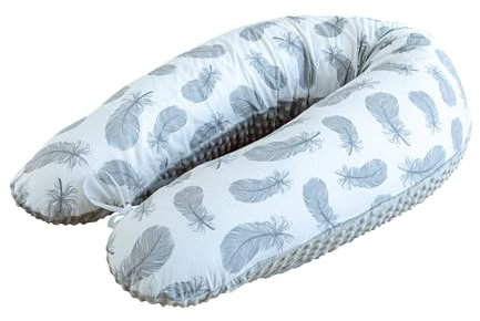 LOOLAY Schwangerschaftskissen - Stillkissen 190 cm - Seitenschläferkissen 100% Baumwolle - mit Abnehmbarem Minky Bezug - Ergonomisches Schwanger Kissen für Schlafen (Feder Weiß/Minky Grau)