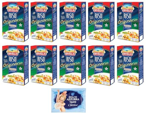 10er-Pack Divella Riso Originario,Runde Reiskörner, italienischer Reis, ideal für traditionelle Rezepte,1kg Vakuumverpackung + 1er-Pack Kostenlos Felce Azzurra Talkumpuder, 100g-Beutel