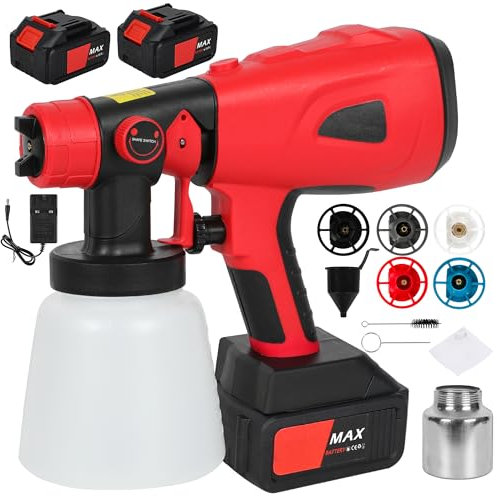 Paint Sprayer for Walls And Ceilings, Cordless Paint Sprayer 800ml/5 Nozzles/3 Patterns Electric Paint Gun, Fence Paint Sprayer with 2x2000mah Battery