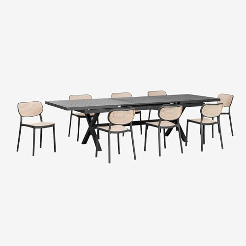 SKLUM Set aus ausziehbarem rechteckigem Aluminium-Gartentisch (240–300 x 100 cm) Karena und 8 Omara-Gartenstühlen