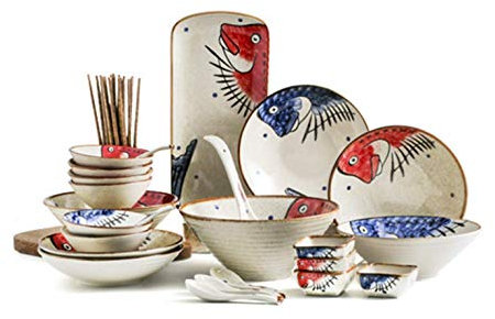 Servicio de 35 piezas para 6 personas Vajilla de cerámica vintage Vajilla de porcelana con motivo de peces rojos y azules
