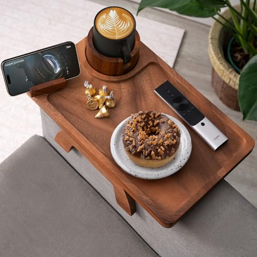 Sofa Arm Tray, Acacia Wood Couch Cup Holder, Portable Large Sofa Armrest Anti-Spill Beverage Snack Remote Holder