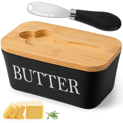 Beurrier en Porcelaine, Boite A Beurre Avec Couvercle En Bois Et Couteau à Beurre Multifonctionnel, 250g Conteneur de Beurre, Boite Beurre, pour Placer du Beurre du Fromage Fruit Salade (Noir)
