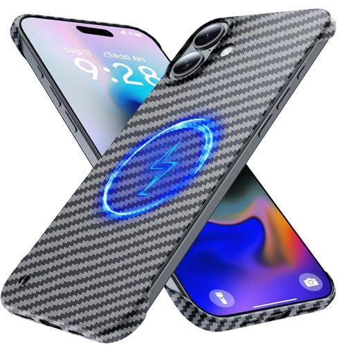 GRECAZO Magnetic Ultra-Thin Frosted Soft Touch Skin Borderless Carbon Fiber Bump Texture for iPhone 16 Frameless Case 6.1 Slim Minimalist Lightweight Matte Hard for MagSafe Cover Case-Black
