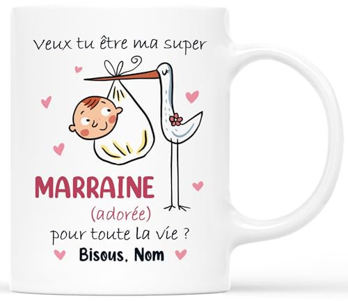 CADEAU PLUS Mug Personnalisé Prénom - Veux-Tu Être Ma Super Marraine Adorée Pour Toute La Vie ? - Cadeau Marraine Baptême, Tasse Personnalisée