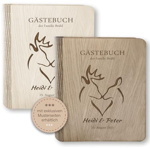 Stammbuchshop Holz Gästebuch Hochzeit Takura mit und ohne Fragen ca. 22,5 x 23,5 cm - Hochwertiges Hochzeitsgästebuch Holzbuch Holzgästebuch Hirschpaar Hirsche Landhochzeit Handarbeit