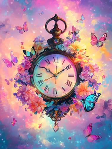 Ginfonr DIY Diamond Art Painting Zubehör Uhr Set Full, 5D Diamant Painting Blume Bilder Kit Crystal Rhinestone Embroidery Decoration Für Home Wall Décor 30x40 cm 8162