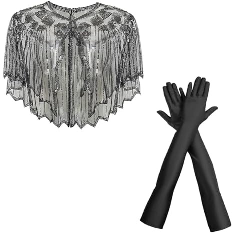 CYGMRFH 2 Stück 1920er Jahre Retro Schal Umschlagtücher Mit Gloves,1920s Stola Schal Damen Pailletten Umschlagtücher Satin Classic Abendhandschuhe Für Abschlussball Party Hochzeit