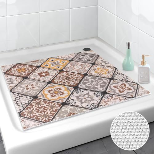 Lurowo Duschmatte rutschfest, PVC-Luffa Duschmatte Massage, Weich Komfort Duschwanneneinlage, schnell trockend Dusch Rutschmatte für Badezimmer Duschwannen (Braun, 60 x 60 cm)