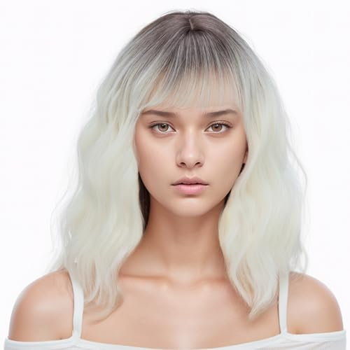 PARXITN Kurze Bob Perücke mit Pony Natürliches Ombre Weiß Synthetisches Haar Bunt Täglich Party Halloween Cosplay Gewellte Lockige Perücken für Frauen