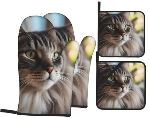 YYHWHJDE Ofenhandschuhe und Topflappen mit Katzenmotiv, 4er-Set: dick und langlebig, verbrühungssicher und wärmeisolierend