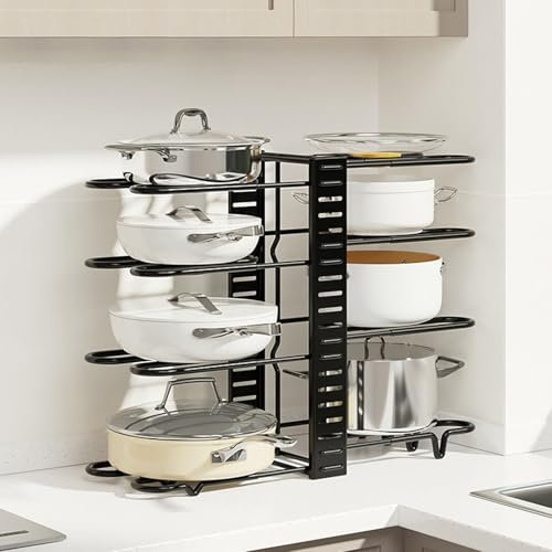SANON Topfregal Organizer Pfannen- Organizer verstellbar 8- stufiges Pfannenregal für Schrank für Gusseisenpfannen, Grillplatten und flache Töpfe