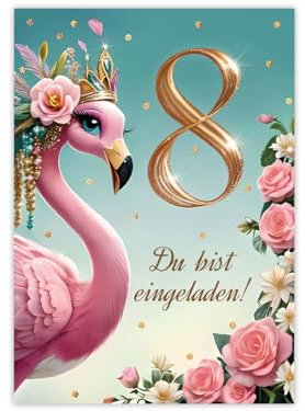 JuNa-Experten 12 Einladungskarten zum 8. Kindergeburtstag Mädchen Flamingo coole bunte Einladungen achte Geburtstag Mädchengeburtstag