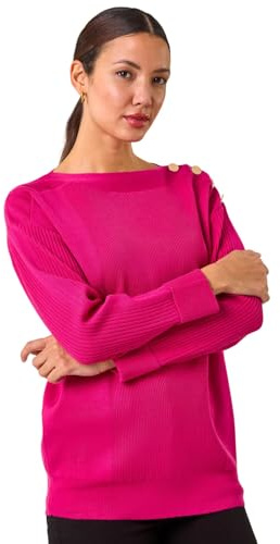 Roman Slash Neck Button Detail Knit Jumper for Women UK - Ladies Autumn Everyday Winter Holiday Long Sleeve Comfy Drop Shoulder Soft Top Office Desk Sweaters