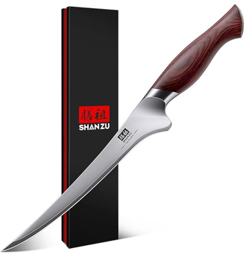 SHAN ZU Cuchillo Pescado 18cm, Cuchillo Deshuesador Afilado para Carne y Pescado en Acero Japonés 10Cr15Mov, Cuchillo Filete de Cocina Profesional con Hoja Flexible y Mango Ergonómico de Madera Pakka