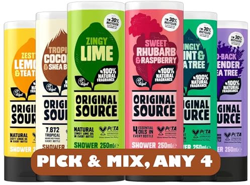 Original Source Shower Gel Bundle 250ml – Choose Any 4 Scents, Vegan-Friendly, 100% Natural Fragrance, PETA Approved | 4 x 250ml