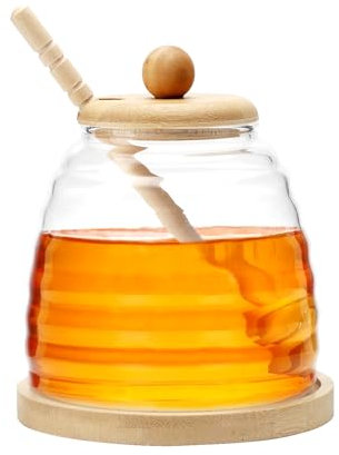 Pot a Miel Pot de Miel avec Cuillere en Bois Cuillère à Miel Distributeur de miel Pot à Miel en Bois avec Couvercle Récipient en Verre Scellé Pot à Miel à Large Ouverture 500ml