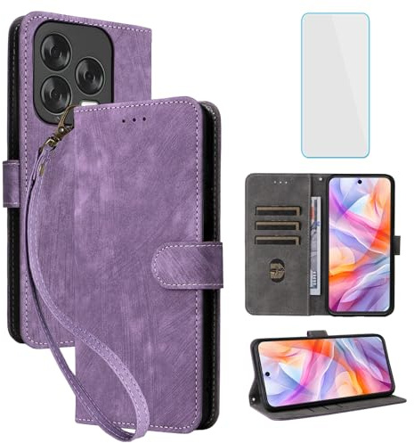 IUQXU Handyhülle für ZTE Blade V70 Vita/V70 Design Violett | Hülle mit Panzerglas,RFID,Stoßfeste Schutzhülle,Kartenfach,Klapphülle,Geldbörse Lederhülle für V 70 Design ZTE Blade V70Vita