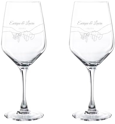 PROMO SHOP - Copas de Vino Personalizadas con Nombre, Grabado a Láser, Copa de Cristal Grabada, Regalo para Parejas, San Valentín (Dedos unidos, Pack 2 Copas)